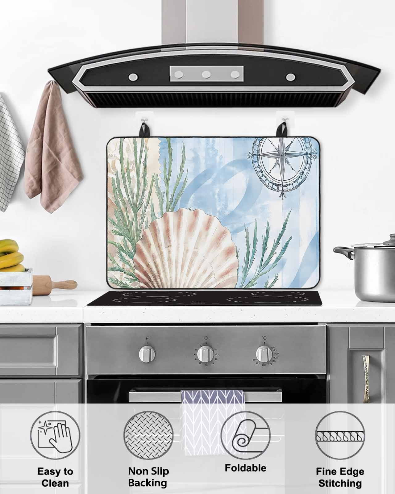 nqOlkjepod Large Induction Cooktop Protector Mat 36"x21", Ocean Nautical Stove Top Covers for Electric Stove, Summer Seaweed Shell Blue Beige Stove Burner Cover Mats, Glass Top Stove Cover