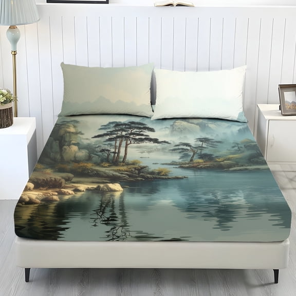 Whosucclay Landscape Print Soft 3-Piece Fitted Sheet Set with Guest Room for Kids Girls, Lightweight Wrinkle Resistant Cozy Fitted Bedding, Queen Size