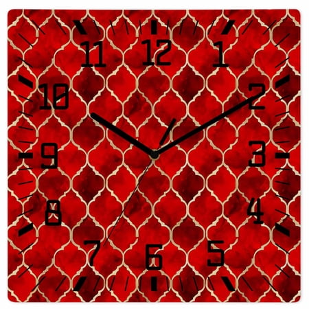 Red Geometric Wooden Wall Clock Silent Non Ticking, Modern Morocco Abstract Art Square Wall Clocks Battery Operated, Decor Clock for Home Office, Living Room, Kitchen, 10 Inch