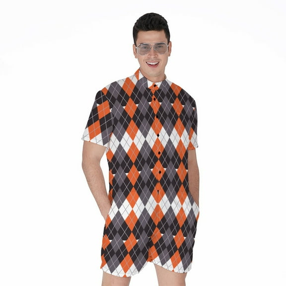 Halloween Themed Argyle Pattern Short Sleeve Men'S Rompers, Halloween Decorative Casual Summer Jumpsuits Outfit