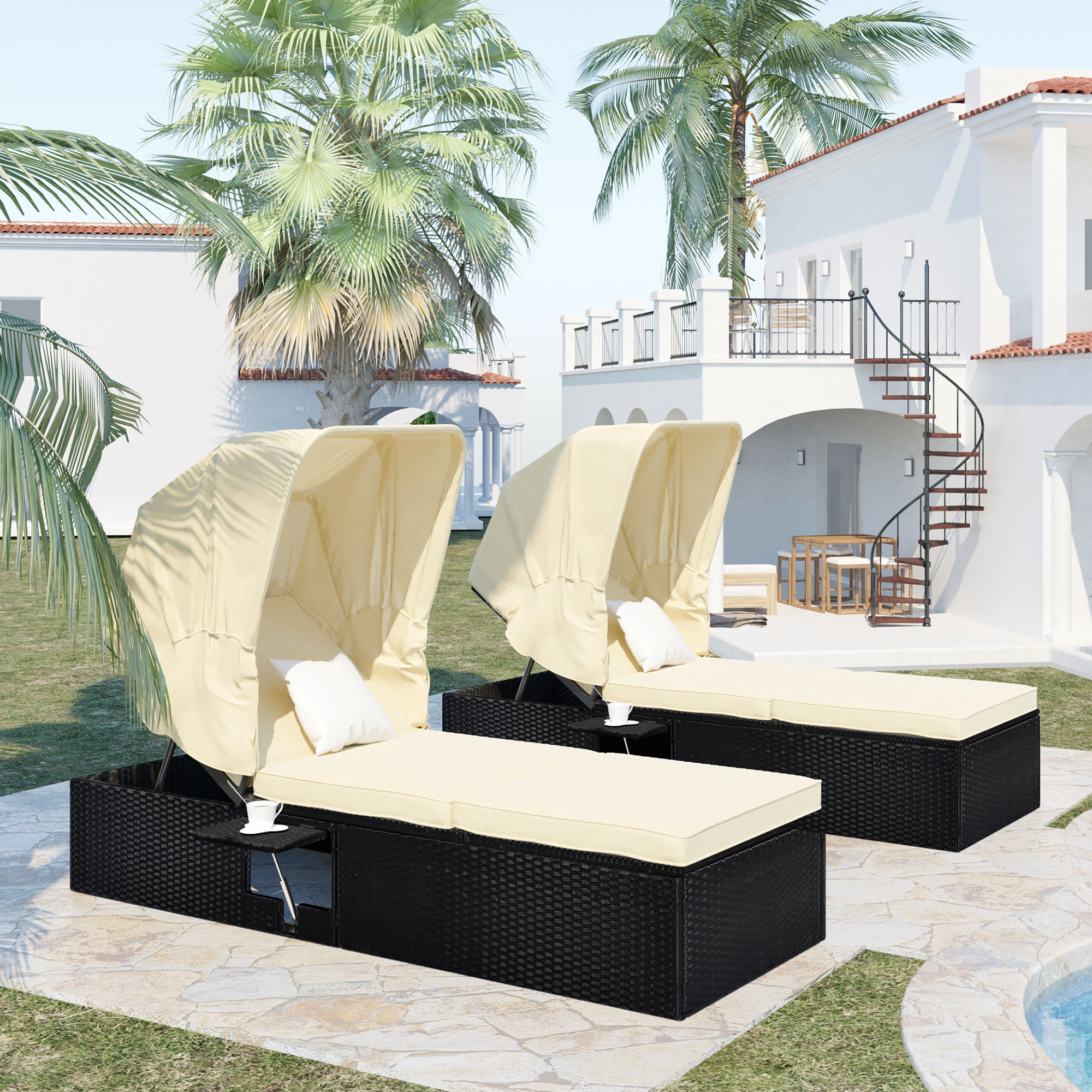 Outdoor PE Wicker Chaise Lounge, SYNGAR 2 Pieces Adjustable Reclining Chairs W/ Canopy and Cup Table, Patio Sun Lounger Set with Removable Cushion, Chaise Set for Poolside Garden Porch, Beige, D7331 - image 2 of 12