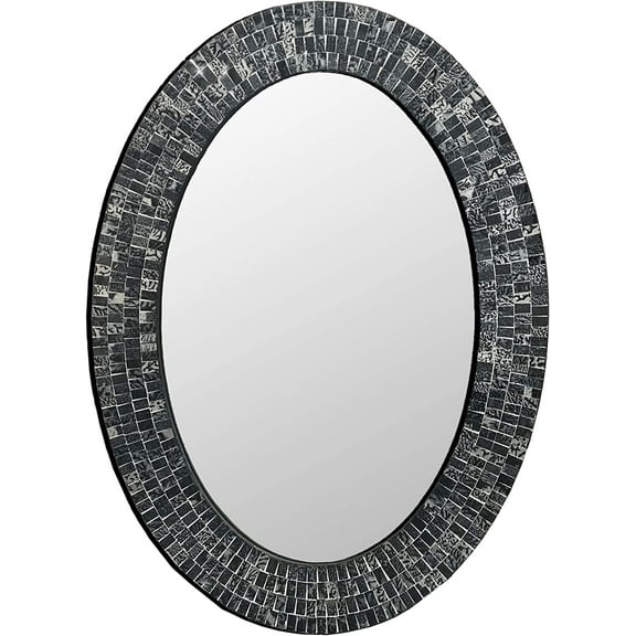 DecorShore Traditional Decorative Mosaic Mirror - 32x24 in Oval Shape Hanging Black & Silver Wall Mirror