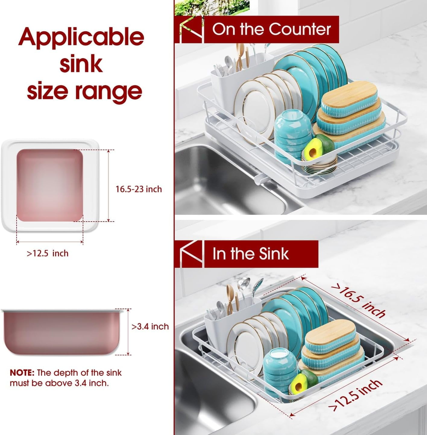 Dish Drying Rack - Stainless Steel Dish Rack with Drainboard for Kitchen Counter and Sink, 12.0''W x 15.6''L, Black