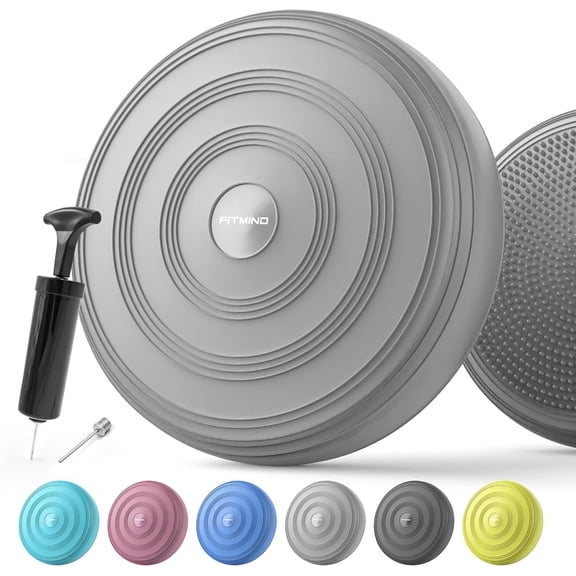 FITMIND 13x13in Inflated Wobble Cushion Non-Slip, PVC, Extra thick, Hand Pump, Guide Book, Gray
