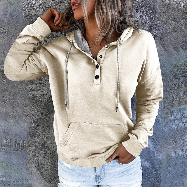 EQWLJWE Womens 2023 Hooded Snap Button Collar Drawstring Hoodies Pullover Sweatshirts Fall Long Sleeve Tops Shirts with Pocket Plus Size Oversized Sweatshirts For Women Halloween