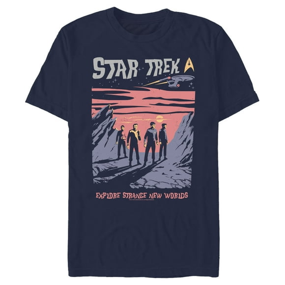 Hommes Star Trek: la Série Originale Explorer les Nouveaux Mondes Dessin Animé Affiche T-Shirt - Navy Bleu - Grand