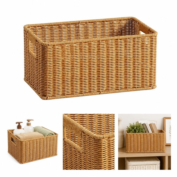 Rectangular Woven Wicker Storage Basket with Handles, Natural Brown