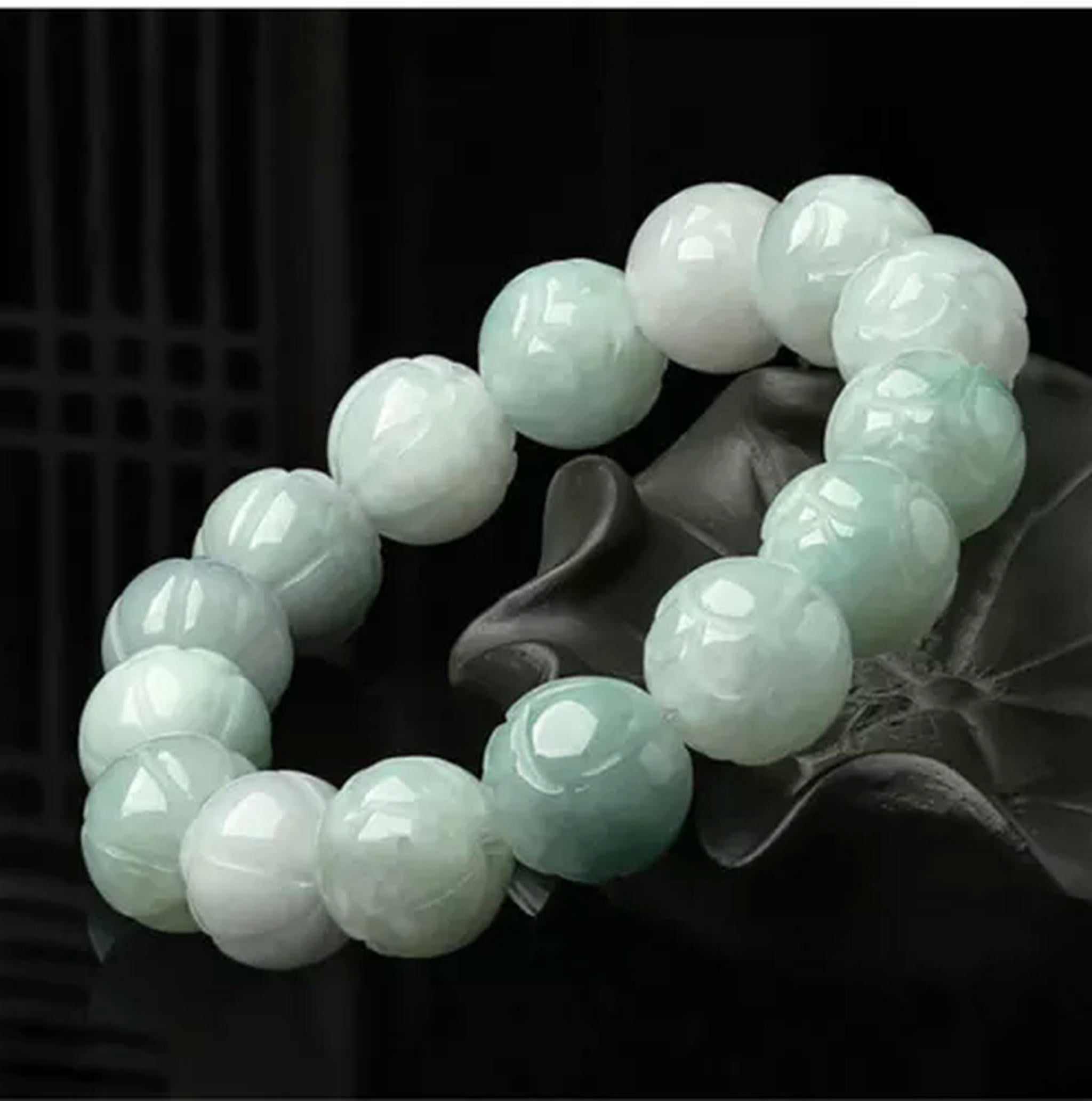 HOOUN Natural A-Grade Jade Bracelet Lotus Beaded Jade Bracelet for Men and Women-13.5mm