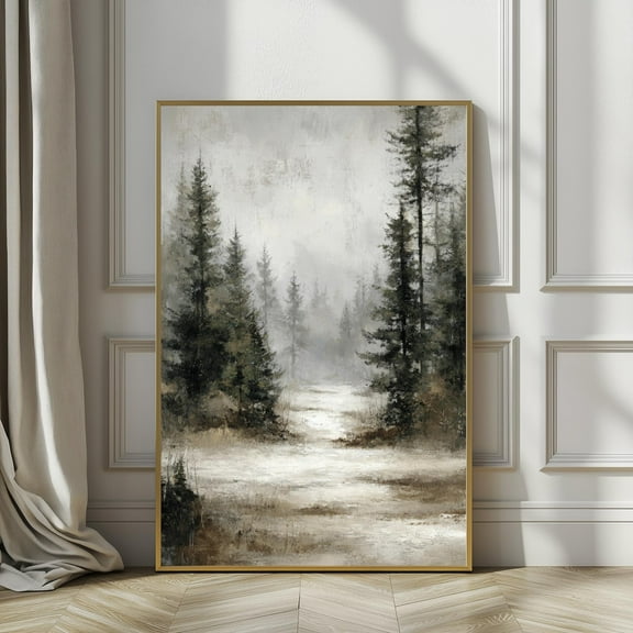 Winter Landscape Wall Art, Snowy Forest Christmas Print, Neutral Seasonal Deer Artwork, Rustic Evergreen Cabin Decor, 32x48 UNFRAMED