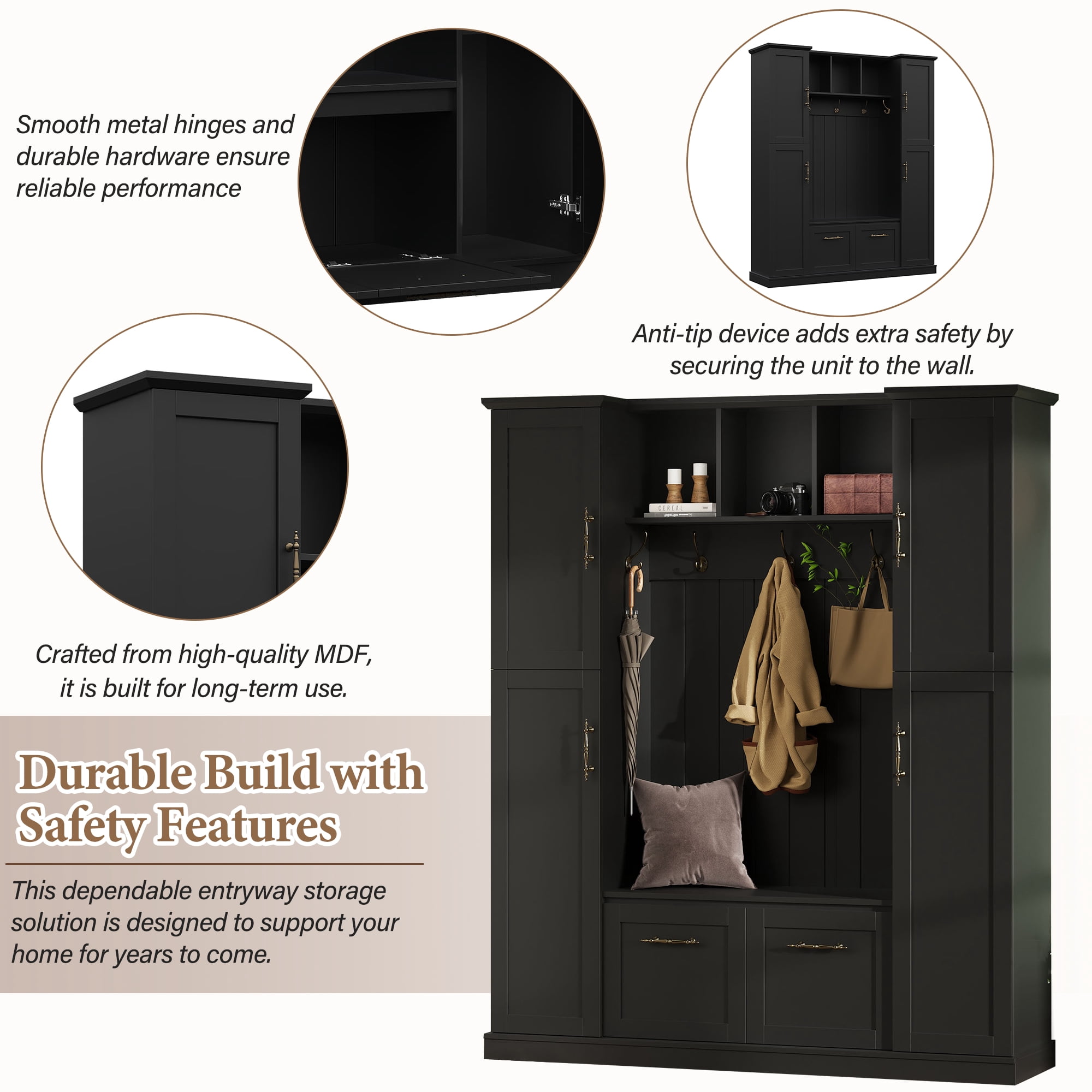 Aukfa 3-in-1 Large Hall Tree with Storage Bench, Mudroom Entryway Bench with 4 Side Cabinets & 5 Hooks,Black