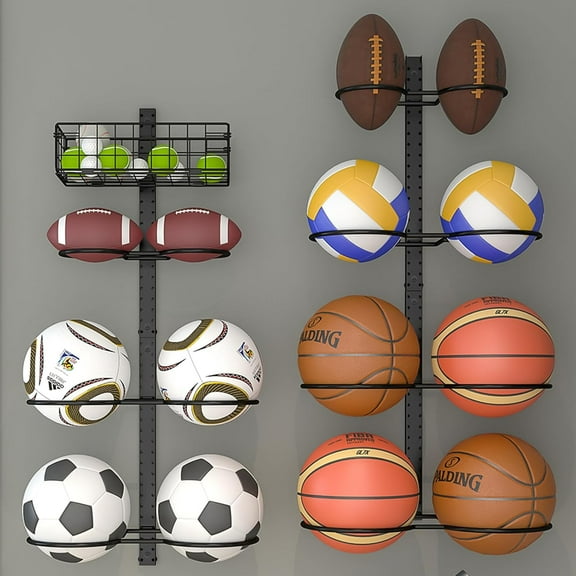 8-Tier Detachable Wall Mounted Basketball Rack - Vertical Horizontal Football Holder for 14 Balls, Height Adjustable Soccer Stand with Basket for Garage Tool Room