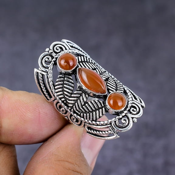 Natural Orange Carnelian Gemstone Handmade 925 Sterling Silver Ring Size 7
