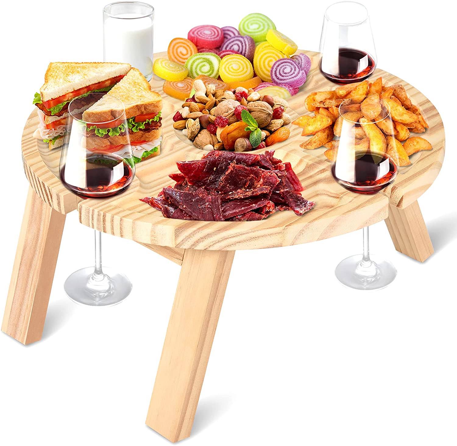JMH Folding Picnic Table Portable Outdoor Camping Mini Food Wine Table with Wine Glass Rack & 4 Compartmental Dish for Party, Beach, Travel