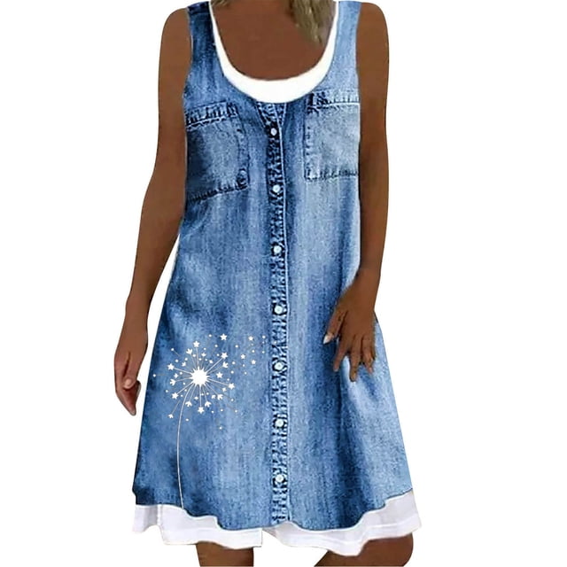 FcBaudy Robe Sans Manches à Col Rond, Robes d'Été pour Femmes, Robes pour Femmes Mode Femmes Décontractée à Col Rond Imprimé Floral Faux Deux-Pièces Robe Sans Manches Robe Femme
