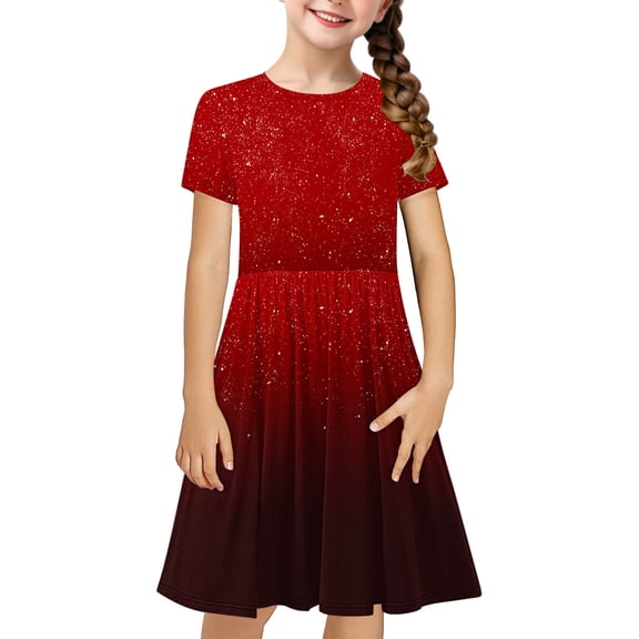 MGDXOX Girls Short Sleeve Ombre Star Print Dress with Gathered Waist Casual Flared Swing Dress for Kids Red 5 Years