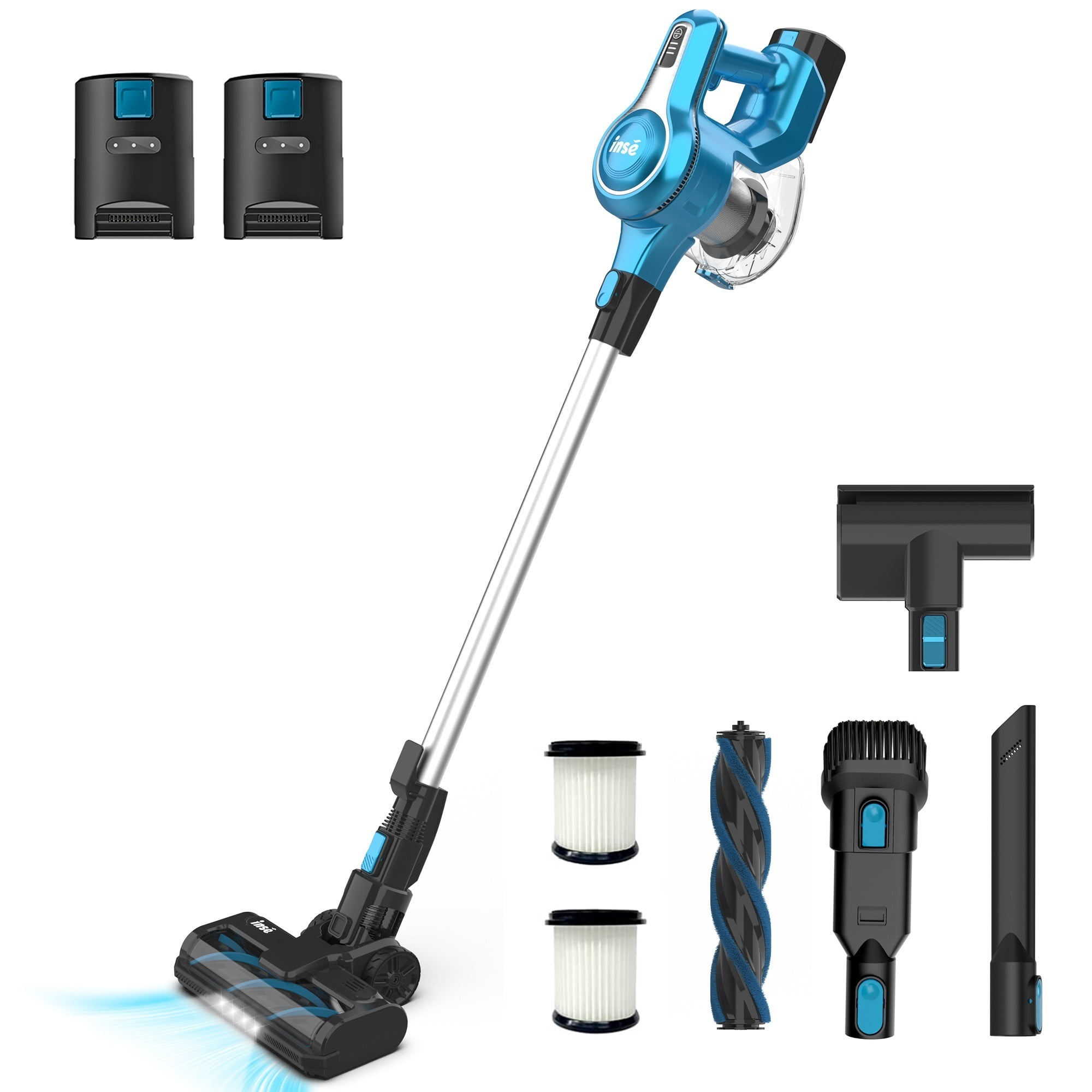 INSE 30Kpa 300W Cordless Vacuum Cleaner with 2 Batteries,Rechargeable Brushless Stick Vacuum for 90mins Runtime 6-in-1 Lightweight Powerful Cordless Vacuum for Carpet Hard Floor Pet Hair