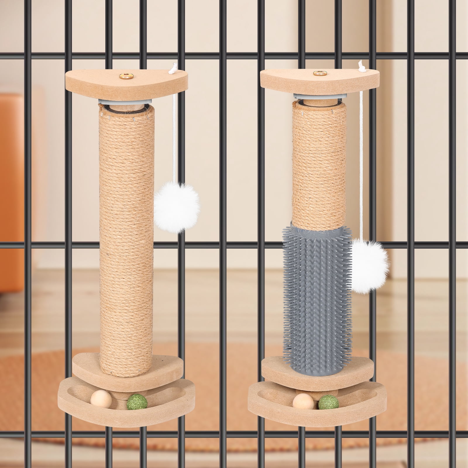 Threns Cat Scratching Post,Kitten Scratching Post with Track Ball Toy for Indoor Cage Cage,Mounted with Self Groomer and Massager Kennel Playpen Accessories