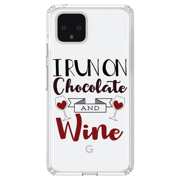 DistinctInk Clear Shockproof Hybrid Case for Google Pixel 4 (6.1" Screen) - TPU Bumper Acrylic Back Tempered Glass Screen Protector - I Run on Chocolate and Wine