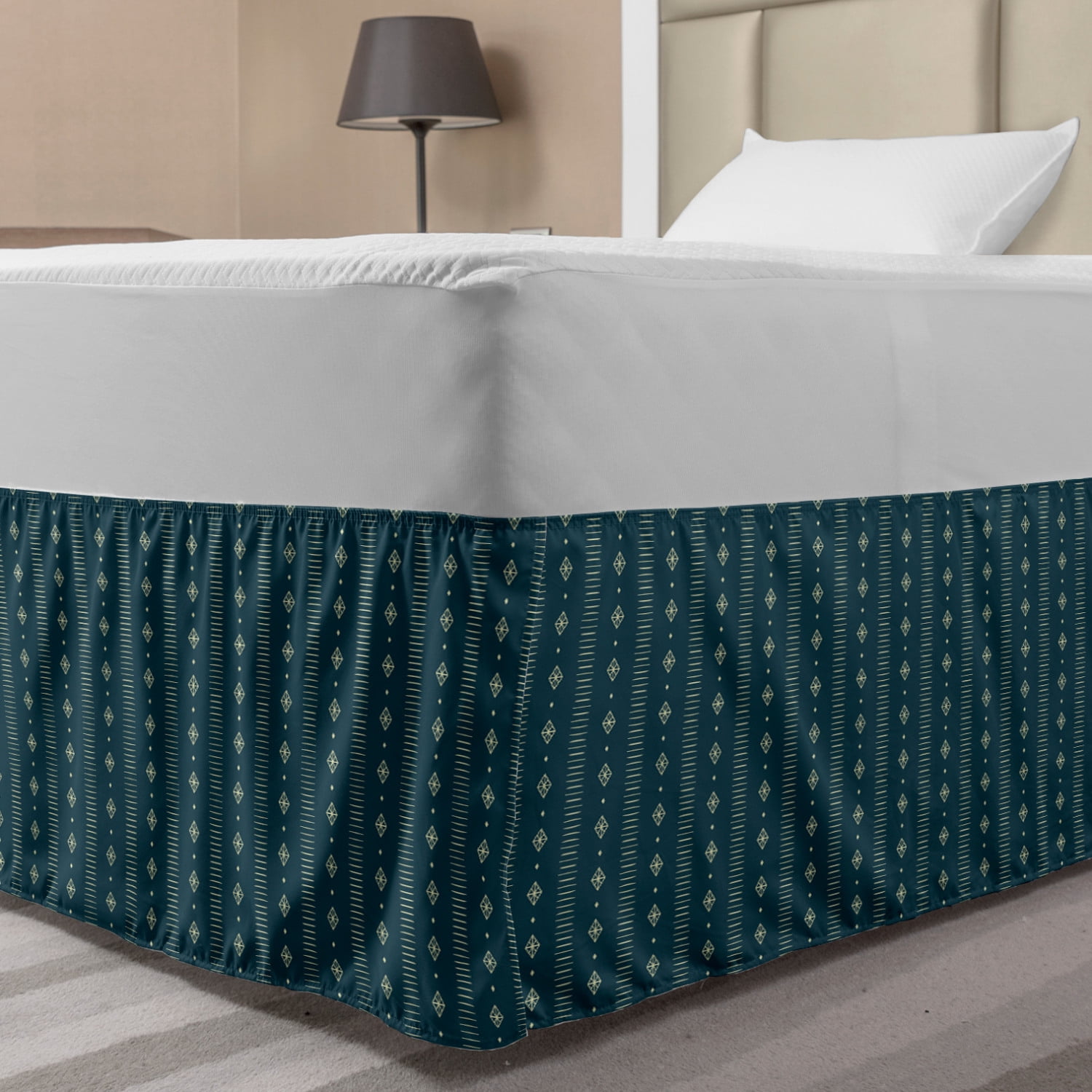 Teal and Yellow Bed Skirt, Pattern with Vertical Abstract Ornaments Rhombus Forms and Lines