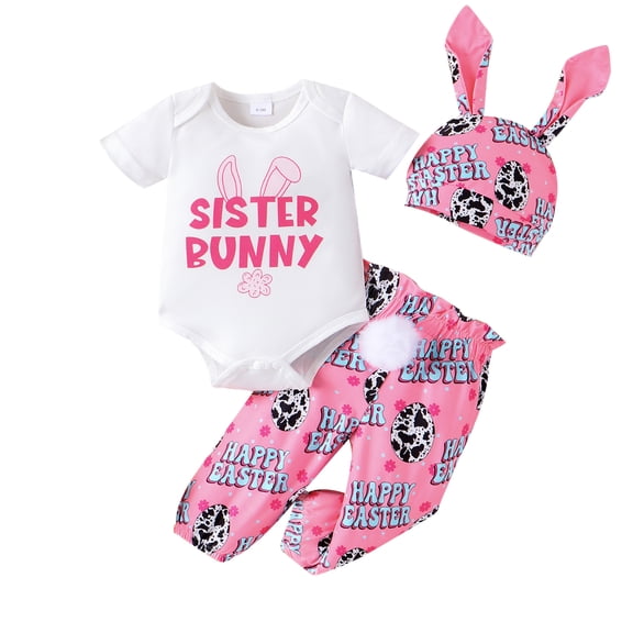 Bagilaanoe 3pcs Newborn Easter Outfits Baby Girl Pants Set Letter Short Sleeve Romper Tops   Leggings   Hat 3M 6M 12M 18M Infant Casual Clothes