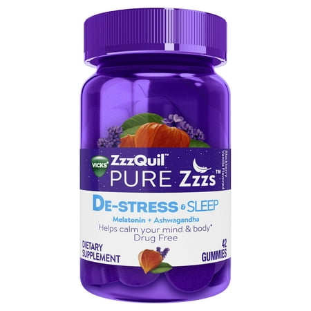 Vicks ZzzQuil PURE Zzzs De-Stress & Sleep Melatonin Sleep Aid Gummies with Ashwagandha, Chamomile, Lavender, & Valerian Root, 1mg per gummy, 42