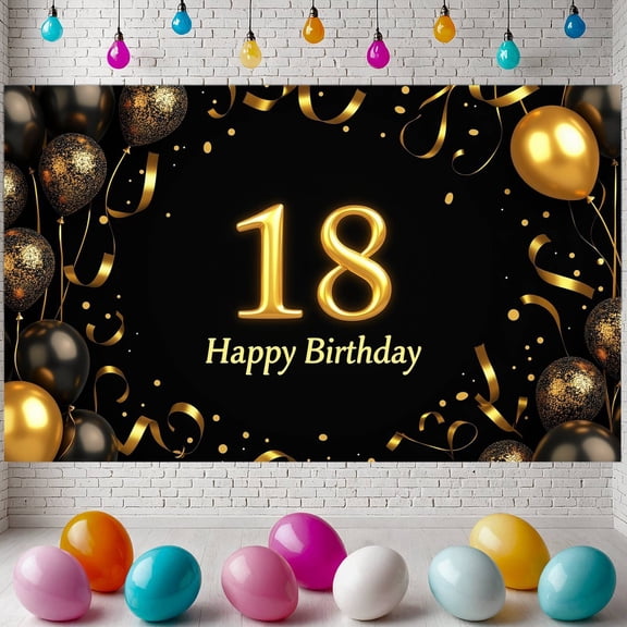 Gold Theme 18th Birthday Banner Black Background Banner Glitter Balloons Golden Ribbons Party Decoration Banner for 18th Birthday Party Adult Birthday Celebration Coming of Age Party