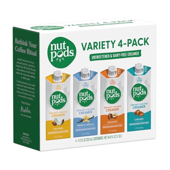 nutpods Variety Pack (Original, French Vanilla, Hazelnut and Caramel) Unsweetened Dairy-Free Coffee Creamer 11.2oz 4-pack