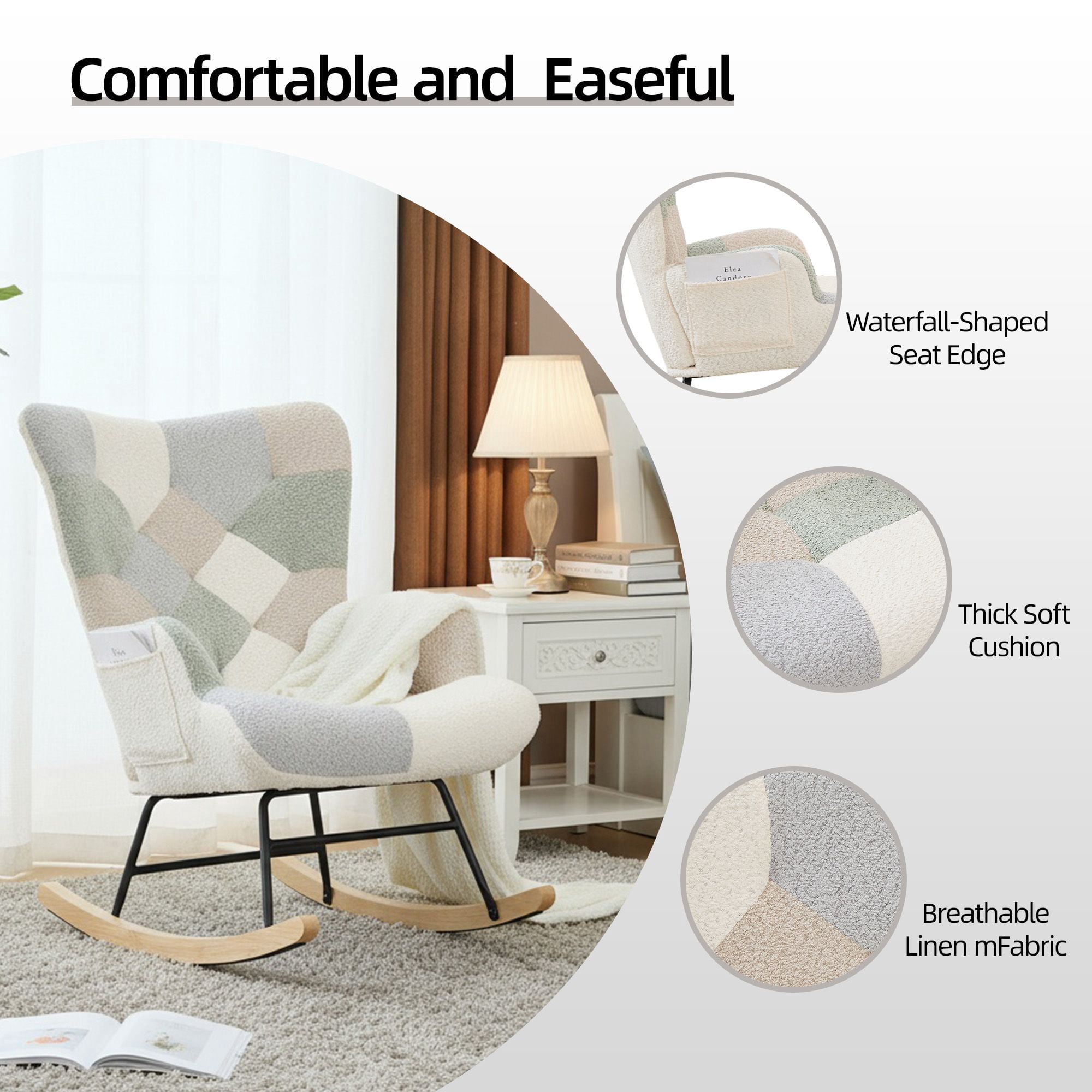 Teddy Upholstered Nursery Glider Rocking Chair - High Backrest Comfy Armchair | Versatile Accent Chair for Living Room, Bedroom, Offices