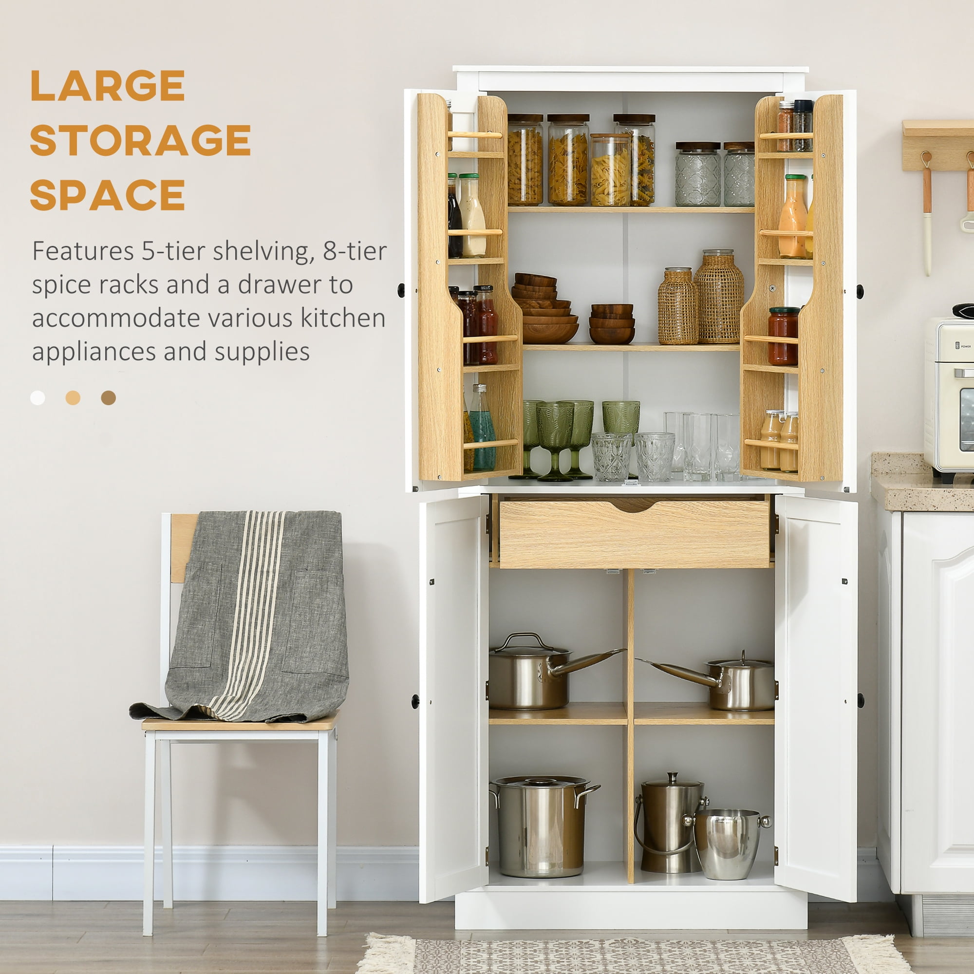 HOMCOM Kitchen Pantry Cabinet w/ 5-tier Shelving, 8 Spice Racks, Drawer