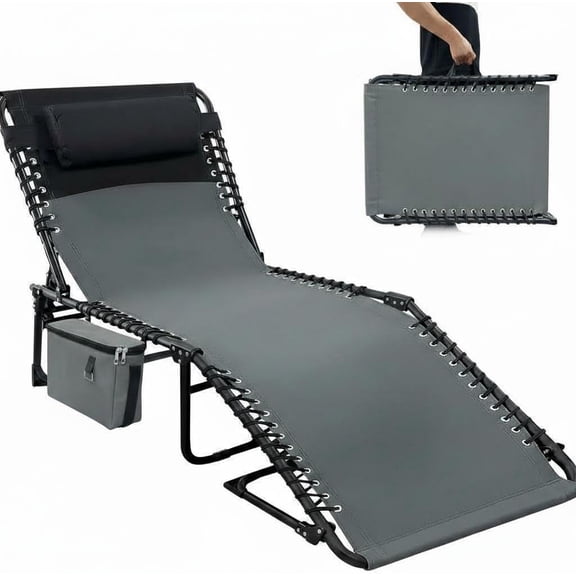 Chaise Lounge Chair Outdoor, 5-Position Adjustable Sun Tanning Chair with Carrying Handle and Side Pocket, Folding Bed Cot with Removable Pillow for Garden, Beach, Patio, Pool, Camp