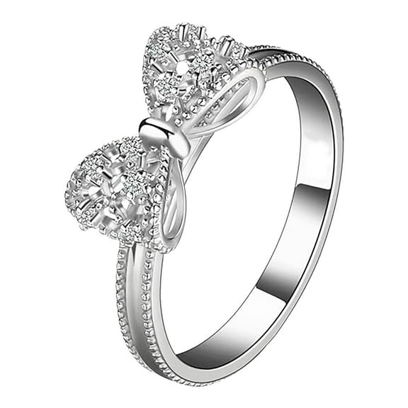 Women's Classic Bow Ring With Clear Zirconia Ribbon Bow Design Featuring Two Cute Round Pave Cz Clusters, Sterling Silver Cute Round Pave Cz Bow-Knot Structure, Engagement Wedding