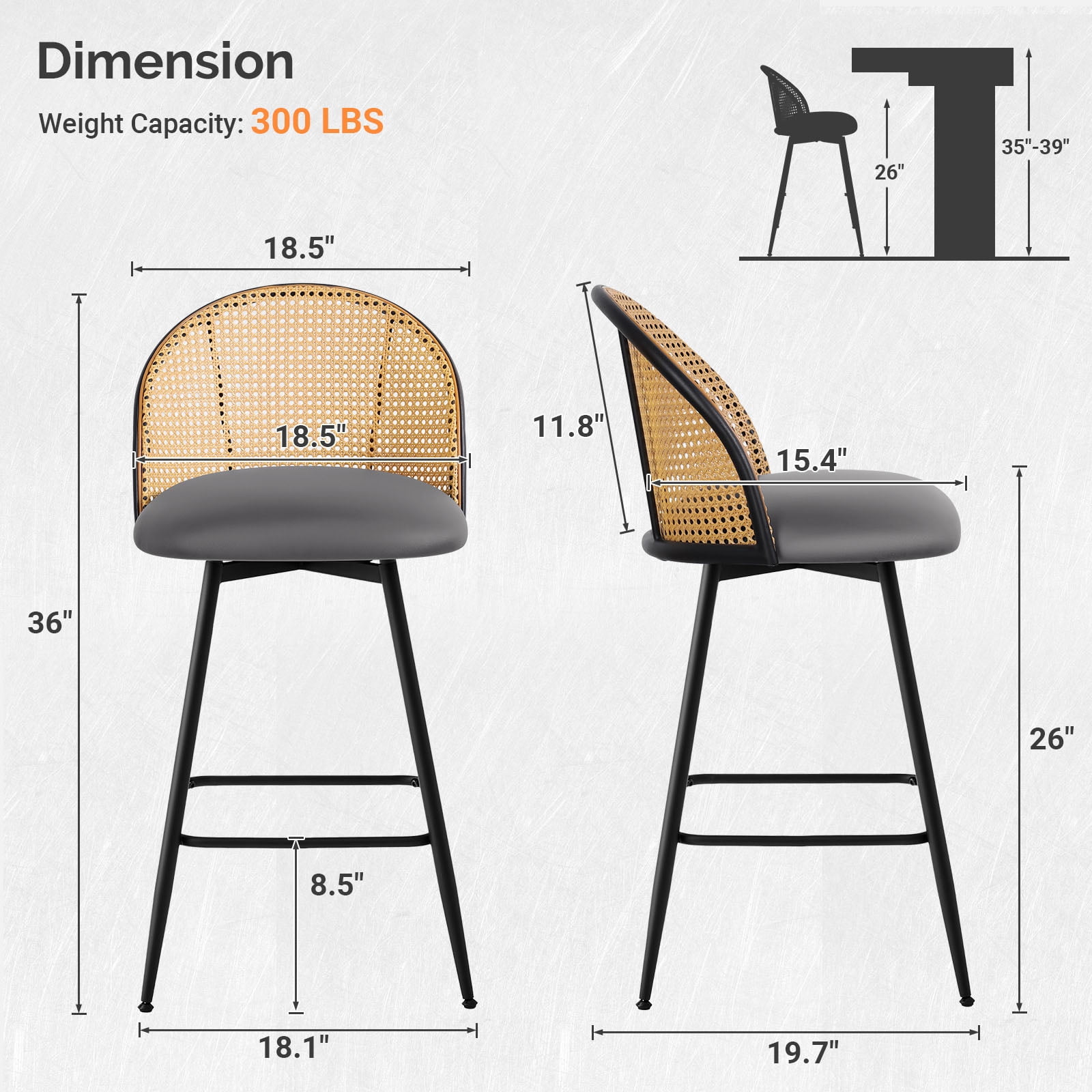 ANMINY Rattan Swivel Bar Stools, 26" Counter Height Set of 4, Upholstered Chairs Barstools with Full Back and Metal Legs Modern PU Fabric Seat for Kitchen Island