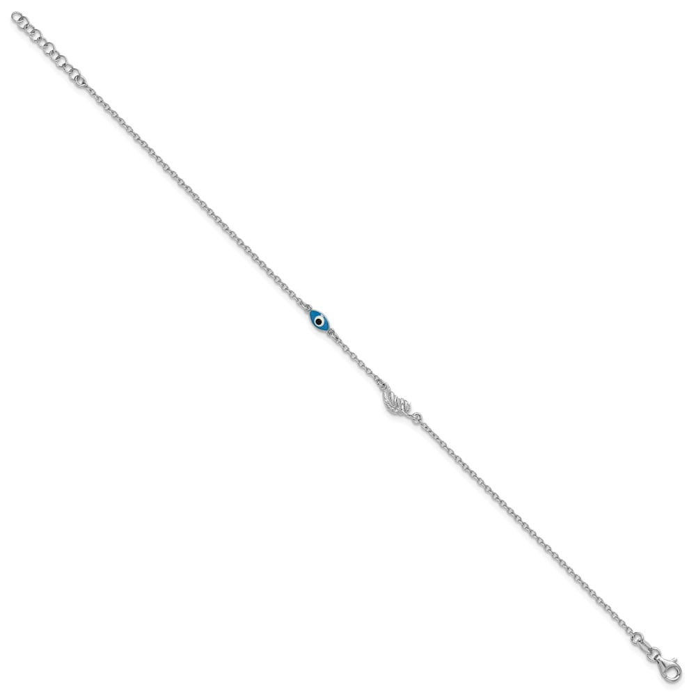 Sterling Silver Rhodium-plated Glass Evil Eye 3-Station 9 inch with 1 inch Extension Anklet