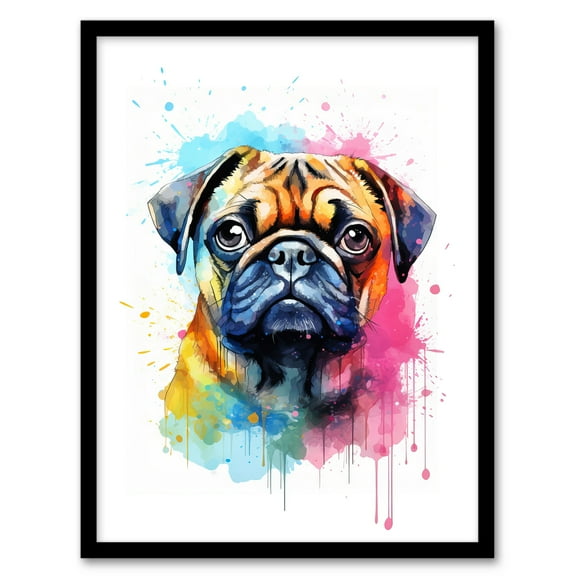 Pug Lovers Gift Watercolour Pet Portrait Painting Artwork Art Print Framed Poster Wall Decor 12x16 inch