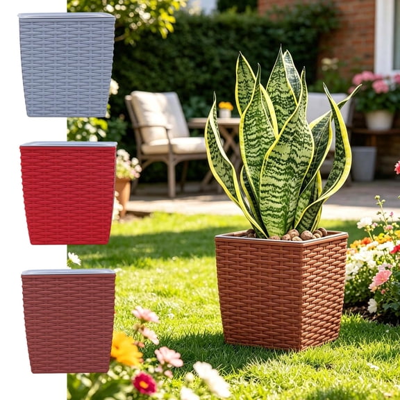 BiFandian Square Rattan Textured Plastic Planter, Selfs-Watering Decorative Flower Pots, Weather Resistant Outdoor Garden Flower Container for Patio Yard Plant Greenery Planting