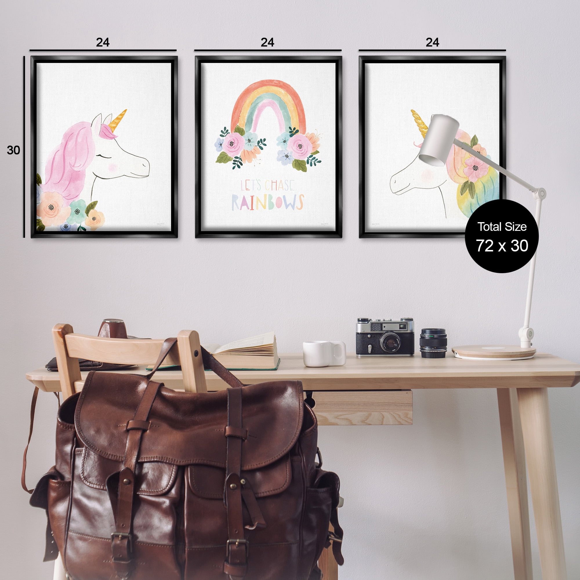 Stupell Industries Let's Chase Rainbows Unicorns Fairy Tales & Fantasy Painting Black Floater Framed Canvas Art Print Wall Art, 25 x 31, Set of 3