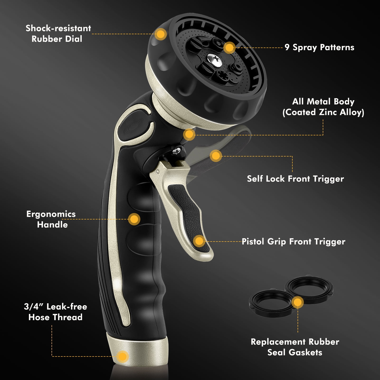 Restmo Garden Hose Nozzle, Heavy Duty Metal Water Hose Nozzle, High Pressure Hand Sprayer with Flow Control for Watering Plants & Lawns