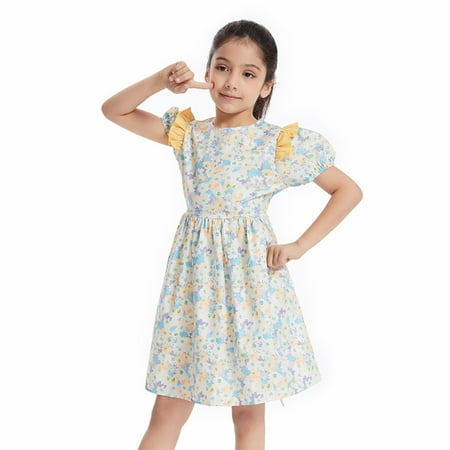 

EHQJNJ Girl Outfits Spring Girls Short Sleeve Floral Dress Casual Flower Printed Dresses Kids Tie Waist Dress Baby Girl Photoshoot Outfits Toddler Gymnastics Outfit Set