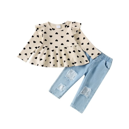 

KIMI BEAR Pants Outfits For Infant Baby Girls 12 Months Girls Fall Winter Clothing Set Heart Pattern Print Long Sleeve Top Ripped Denim Pants 2PCs Set 12-18 Months Apricot