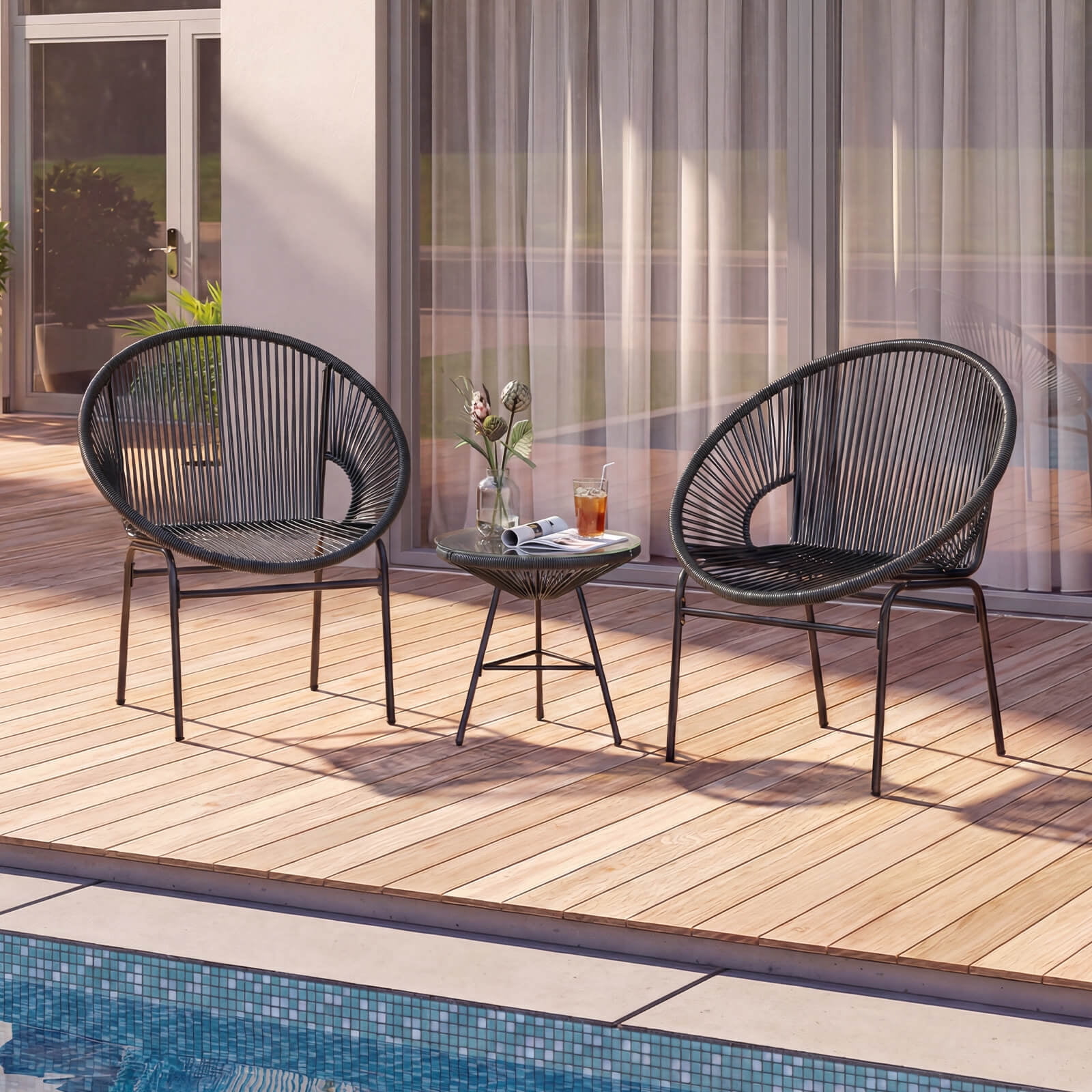 Costway 3PCS Patio Acapulco Furniture Bistro Set Plastic Rope Glass Table Black