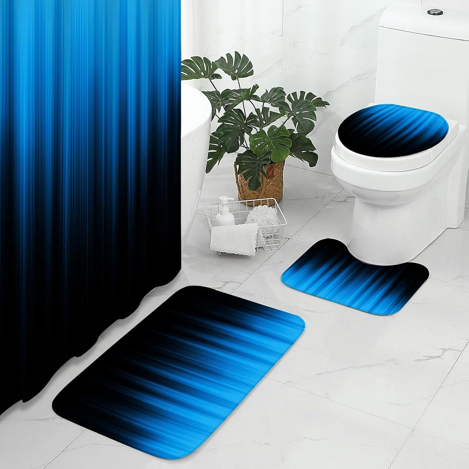 4 Pcs Teal and Black Shower Curtain Bathroom Set with Rugs, Toilet Lid Cover and Bath Mat, Gradient Teal Shower Curtain with 12 Hooks, Bathroom Decor Set