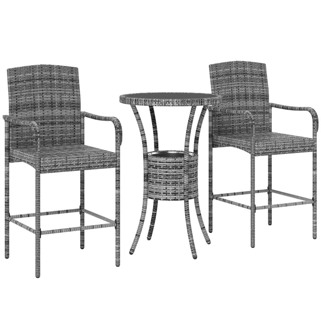 3-Piece Grey Rattan Patio Bar Set with Ice Bucket | Outdoor Bistro Table & Stools for Living Space & Entertaining