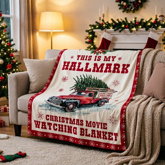 Red Truck Christmas Movie Throw Blanket for Couch or Bed, Soft Flannel Warm Cozy Decor Cover, Washable Blanket for Bedroom Use.