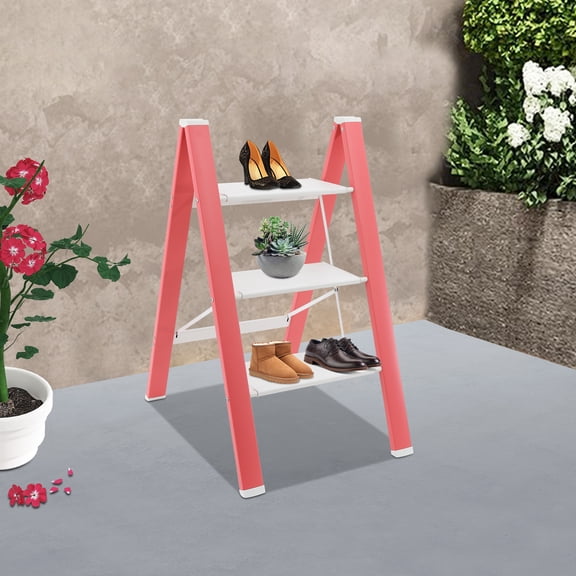 Pink Aluminum Alloy 80*60*45cm Three-Step Folding Ladder Non-Slip Pedal Bearing 330LBS Household Step Stool