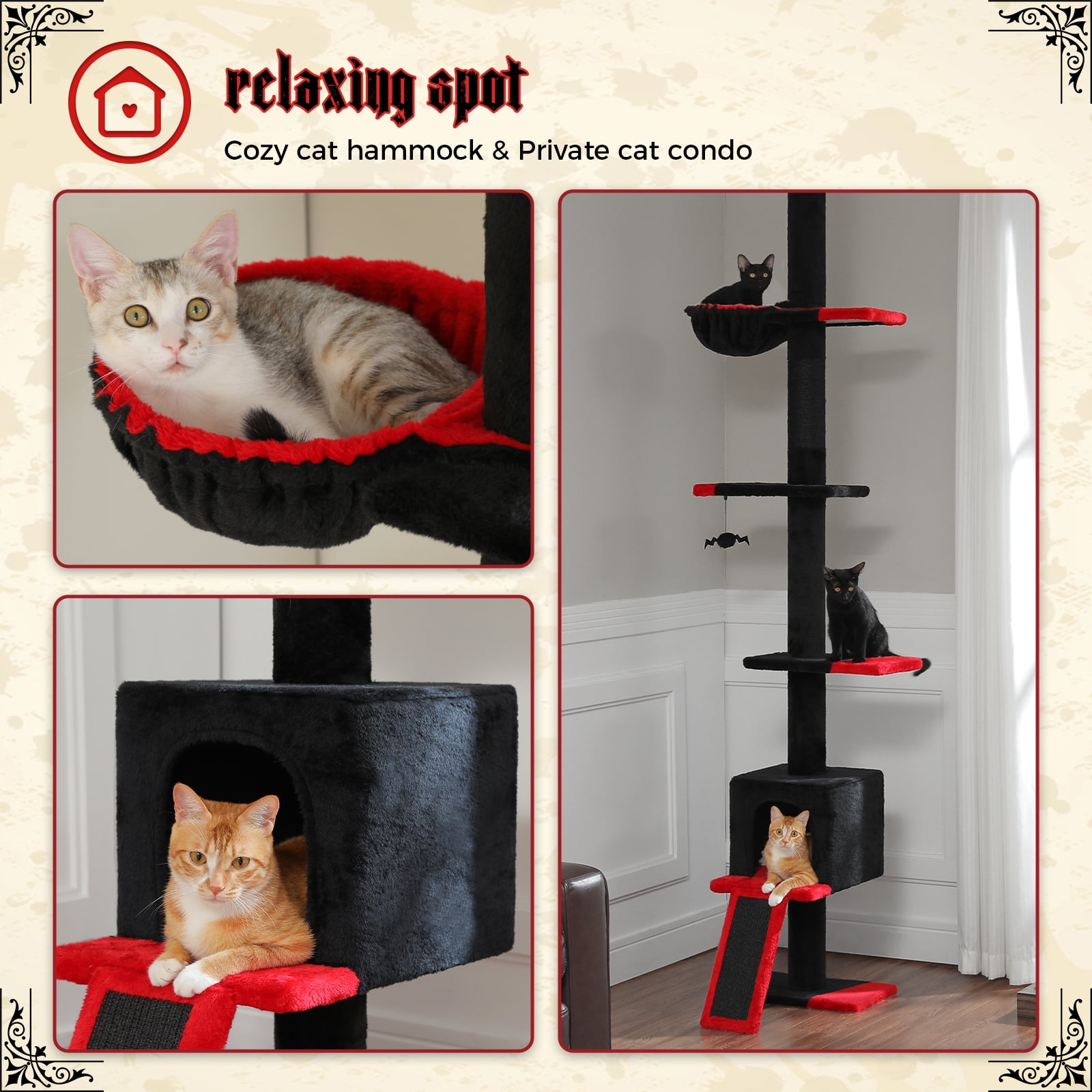 Pefilos 5 Tiers Gothic Cat Tree Floor to Ceiling, Adjustable Height (83"-108") Climbing Cat Tower for Indoor Cats with Condo, Scratching Post, Black