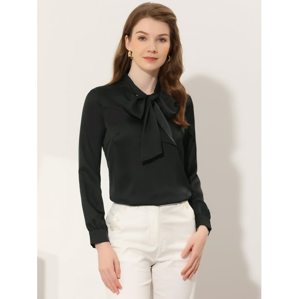 Women's Satin Blouse Bow Tie Neck Solid Work Office Shirt Black L