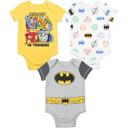 

DC Comics Justice League Batman Superman The Flash Newborn Baby Boys 3 Pack Bodysuits Gray / Multicolor / Yellow 3-6 Months