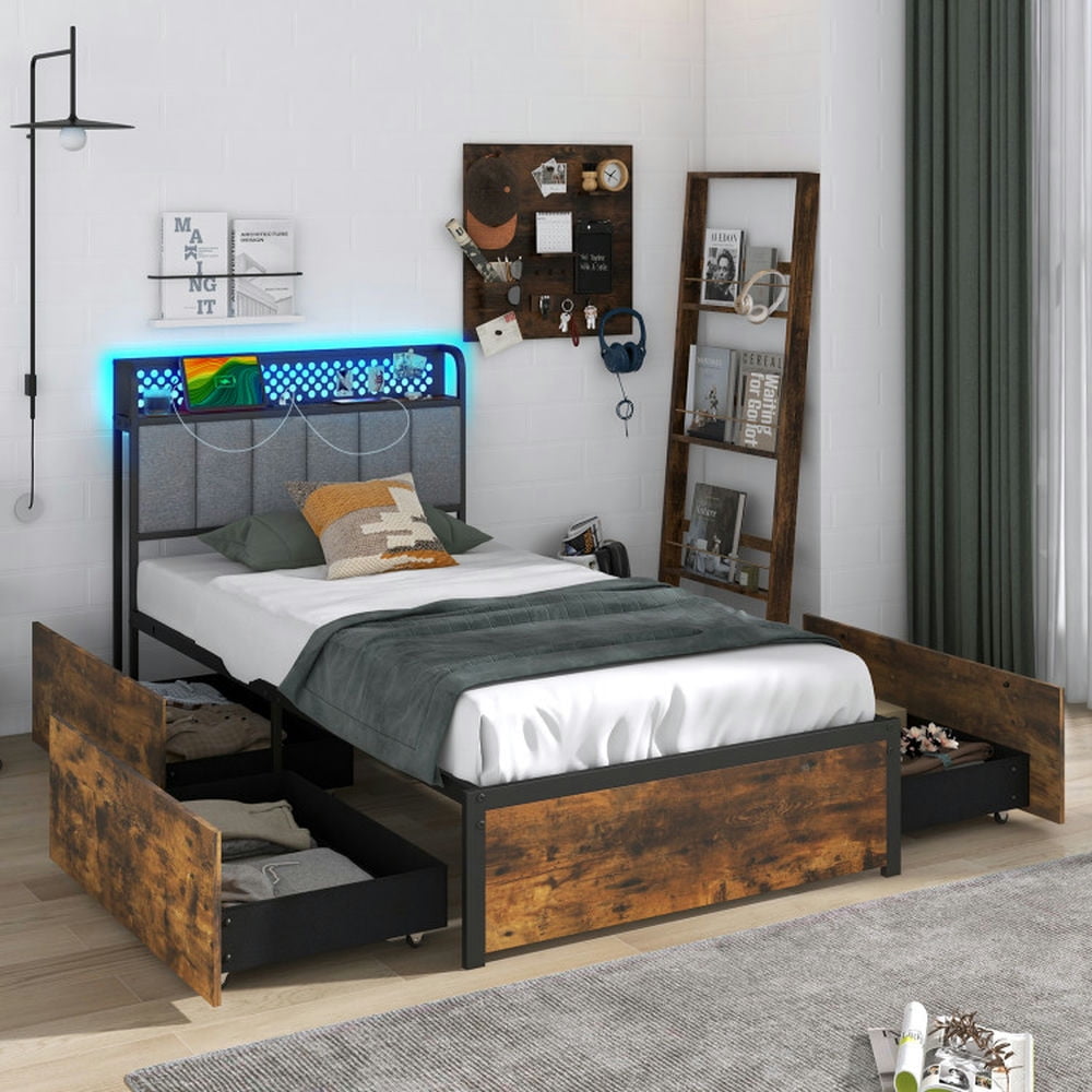 Yardi Yard Twin/Full/Queen Bed Frame with LED Lights Upholstered Headboard and 4 Storage Drawers-Twin size, Bed Frame