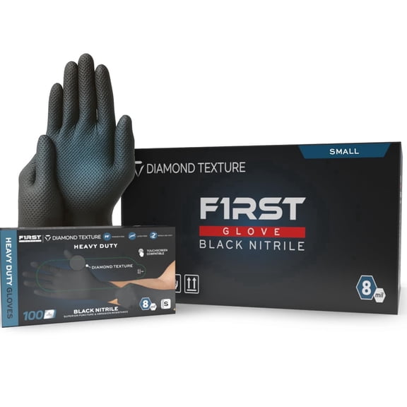 First Glove 8 Mil Heavy Duty Black Nitrile Gloves - Large - Ct 100 Raised Diamond Textured Grip - Industrial Disposable Gloves for Mechanic, Automotive & Work - Latex Free, Powder Free, Extra Thick