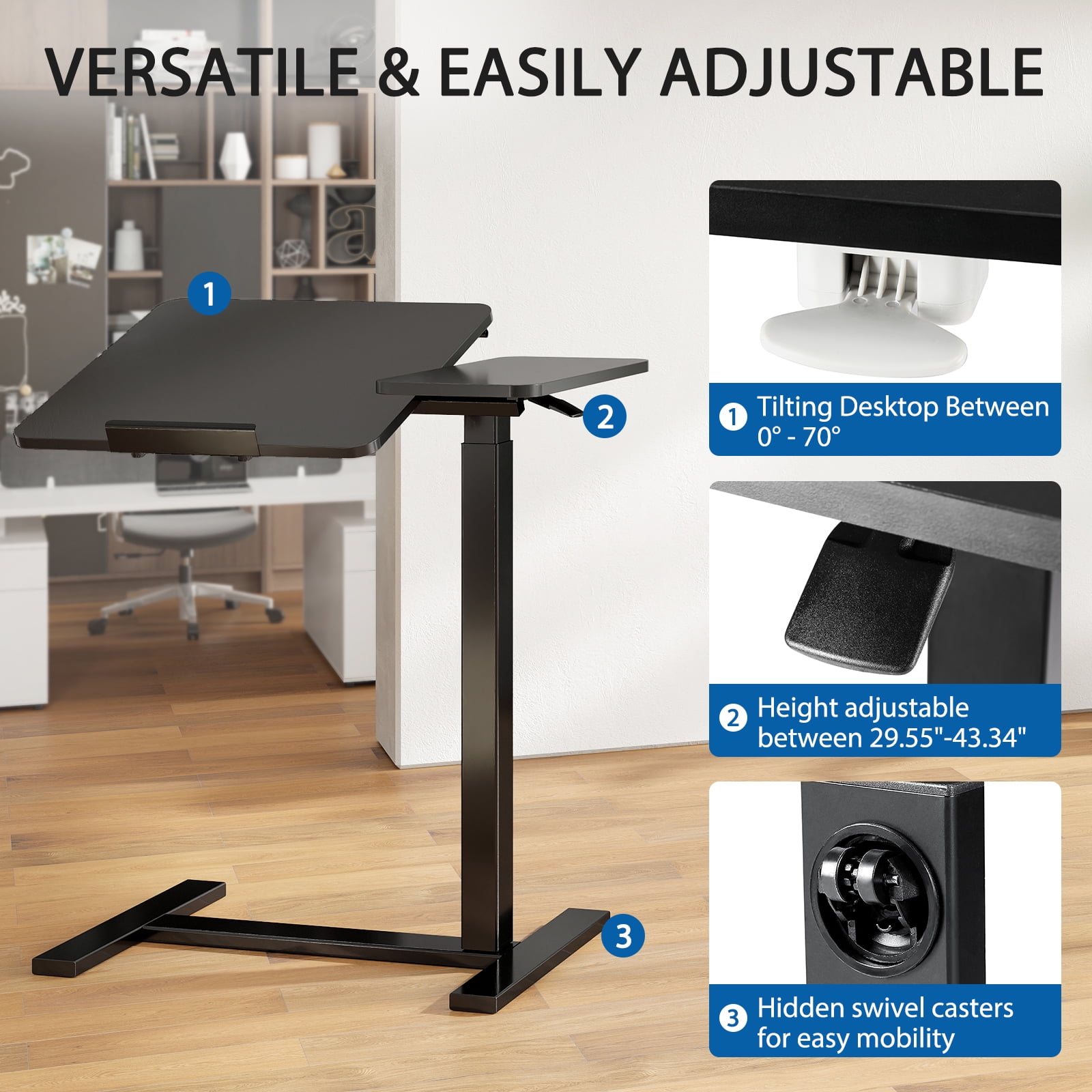 GIANNA Adjustable Overbed Table with Wheels, Mobile Rolling Laptop Desk, Tilting Bedside Table for Laptop, Bed, Sofa, and Office Use, Black